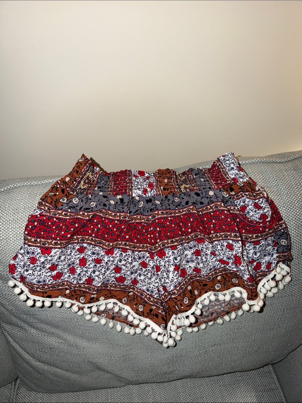 Olivaceous Red White Brown Floral Pom-Pom Shorts